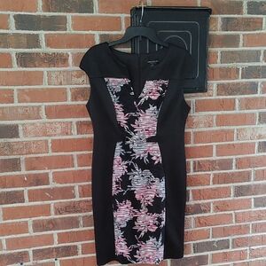 Connected Apparel Black and Pink Floral Colorblock Sheath Dress Size 10